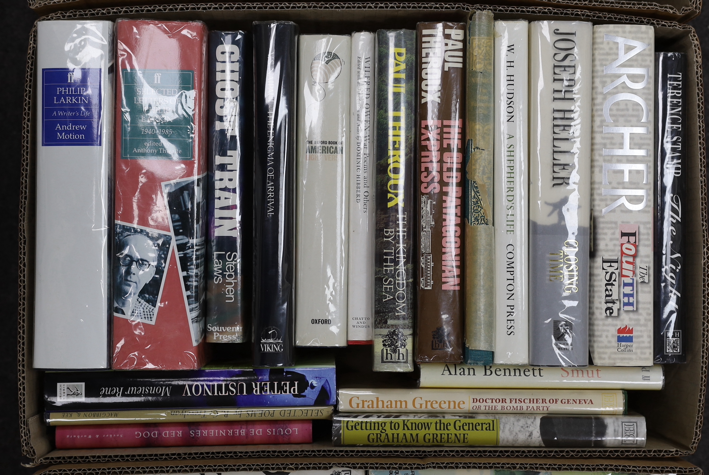 A large collection of modern first editions and literature, including books by Jeffrey Archer, John Braine, Richard Burns, J. M. Coetze, Michael Dibdin, John Fowles, Graham Greene, Joseph Heller, Peter Mayle, V. S. Naipa